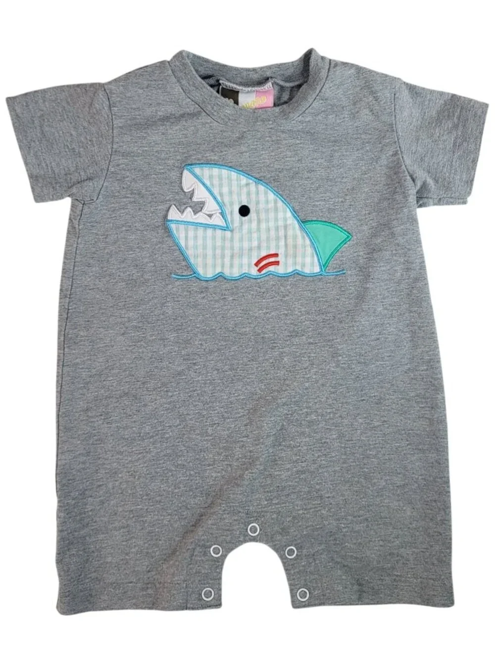 Banana Split One Piece Romper Gray 9M Shark Applique Short Sleeve Snaps Cotton